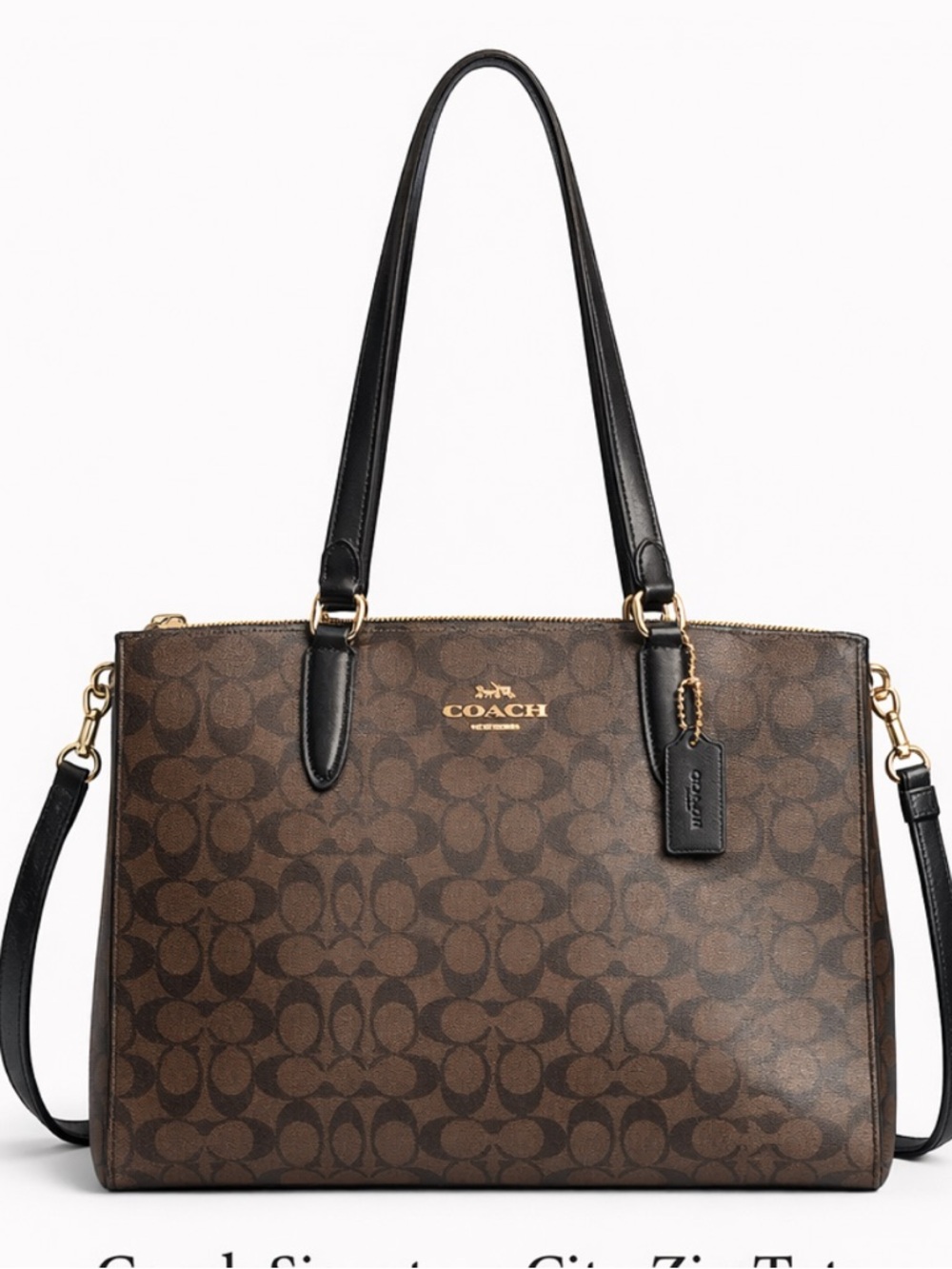 Coach Brown and Black Signature Tote with Gold Hardware & red interior